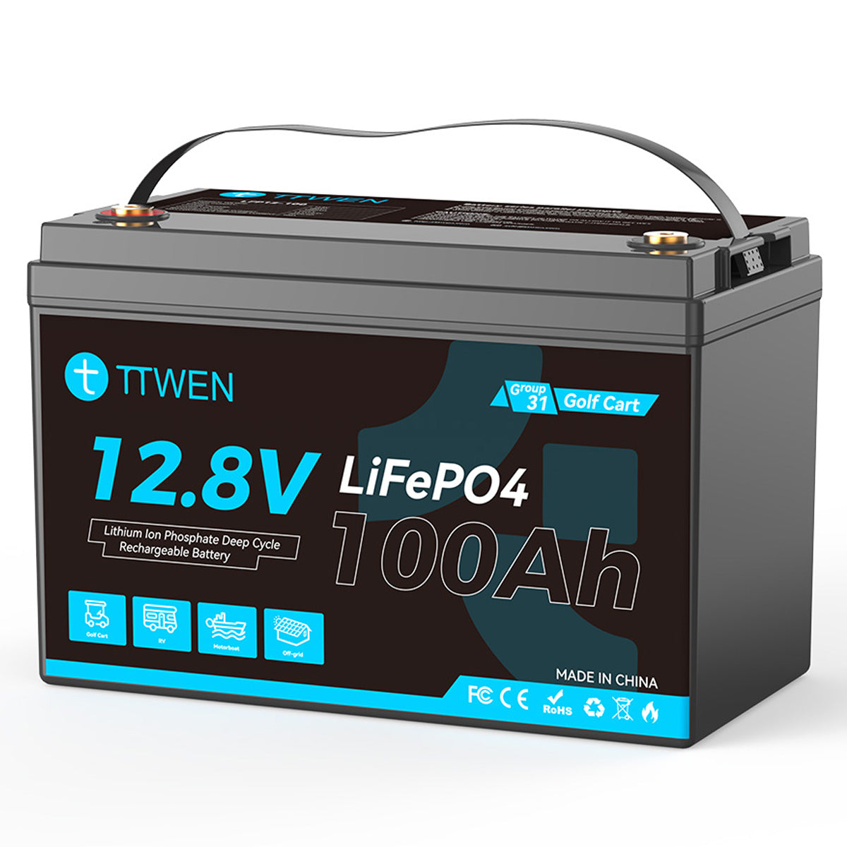 TTWEN 12V 100Ah Golf Cart LiFePO4 Lithium Battery