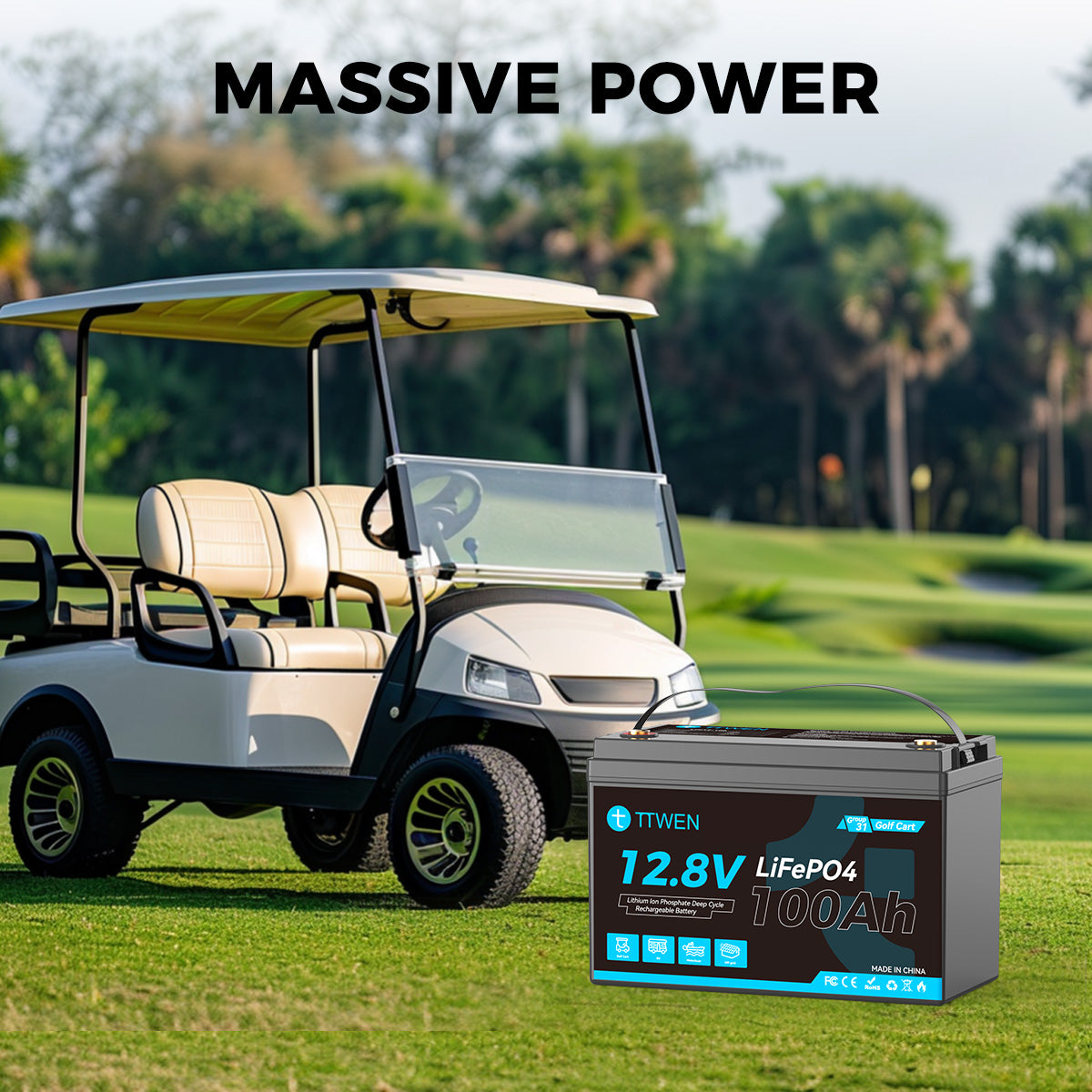 TTWEN 12V 100Ah Golf Cart LiFePO4 Lithium Battery