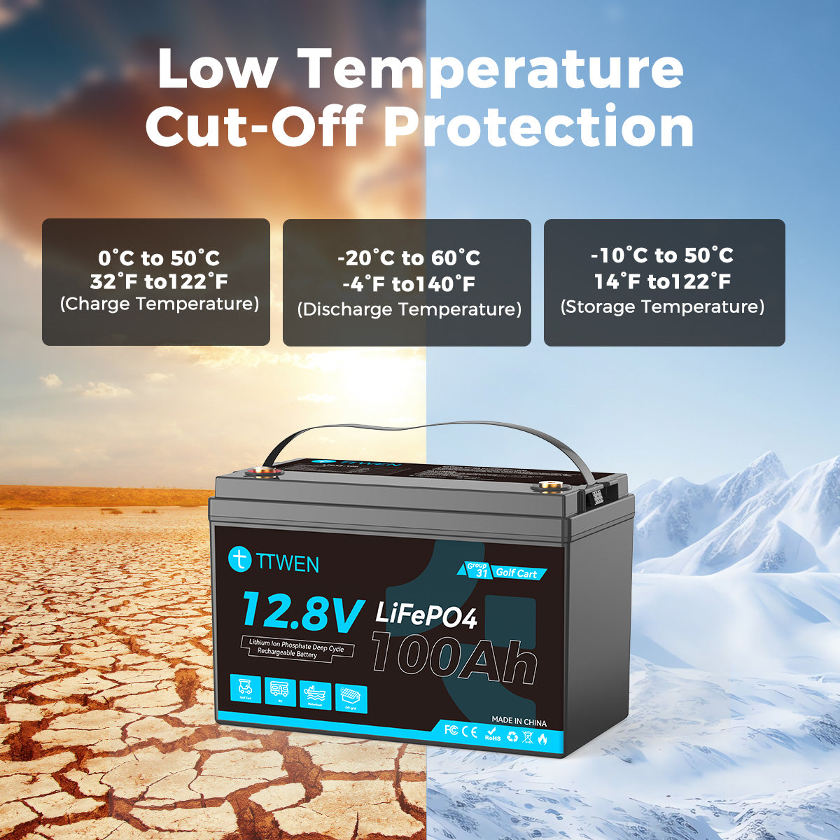 TTWEN 12V 100Ah Golf Cart LiFePO4 Lithium Battery