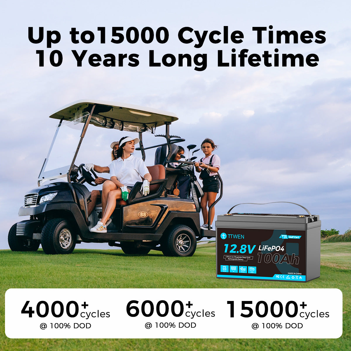 TTWEN 12V 100Ah Golf Cart LiFePO4 Lithium Battery