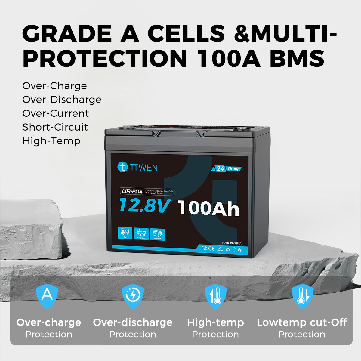 TTWEN 12V 100Ah Group 24 LiFePO4 Battery Deep Cycle Lithium Battery