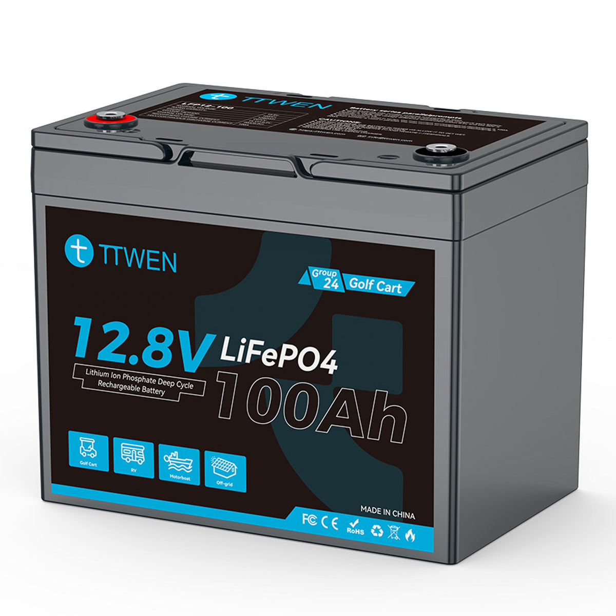 TTWEN 12V 100Ah Group 24 Golf Cart LiFePO4 Lithium Battery