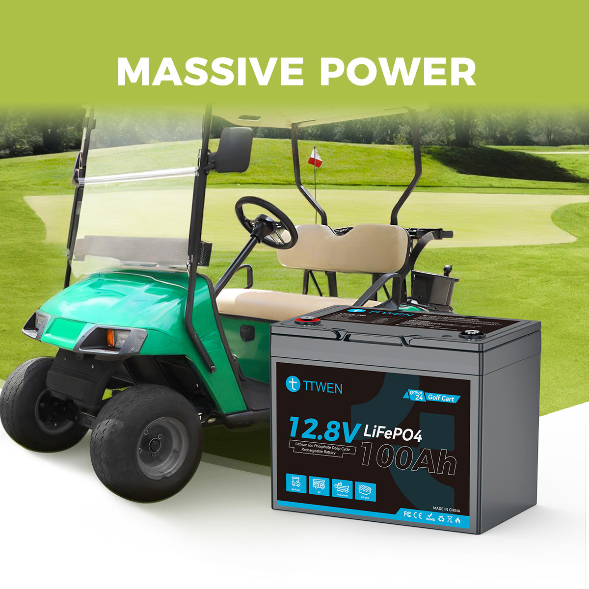 TTWEN 12V 100Ah Group 24 Golf Cart LiFePO4 Lithium Battery