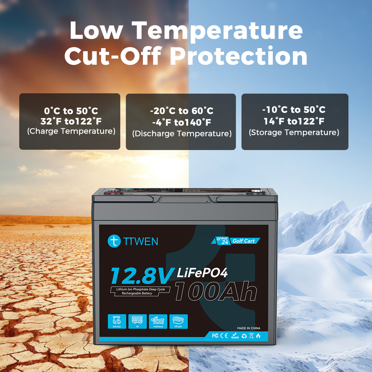 TTWEN 12V 100Ah Group 24 Golf Cart LiFePO4 Lithium Battery