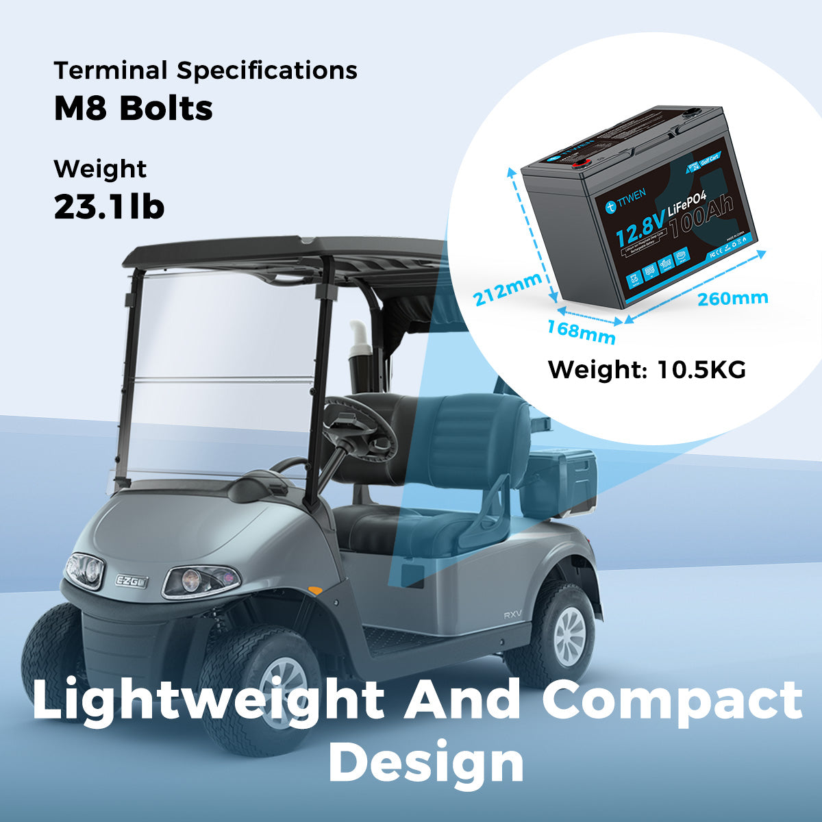 TTWEN 12V 100Ah Group 24 Golf Cart LiFePO4 Lithium Battery