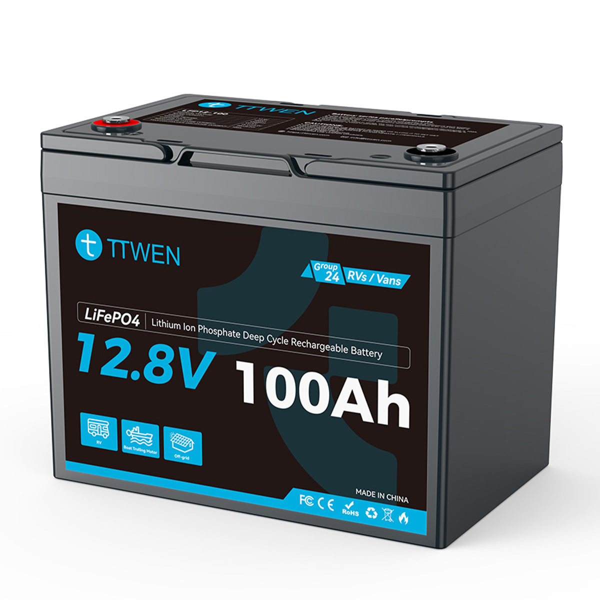 TTWEN 12V 100Ah Group 24 RV LiFePO4 Battery Deep Cycle Lithium Battery