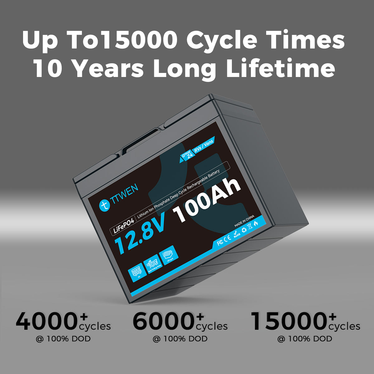 TTWEN 12V 100Ah Group 24 RV LiFePO4 Battery Deep Cycle Lithium Battery