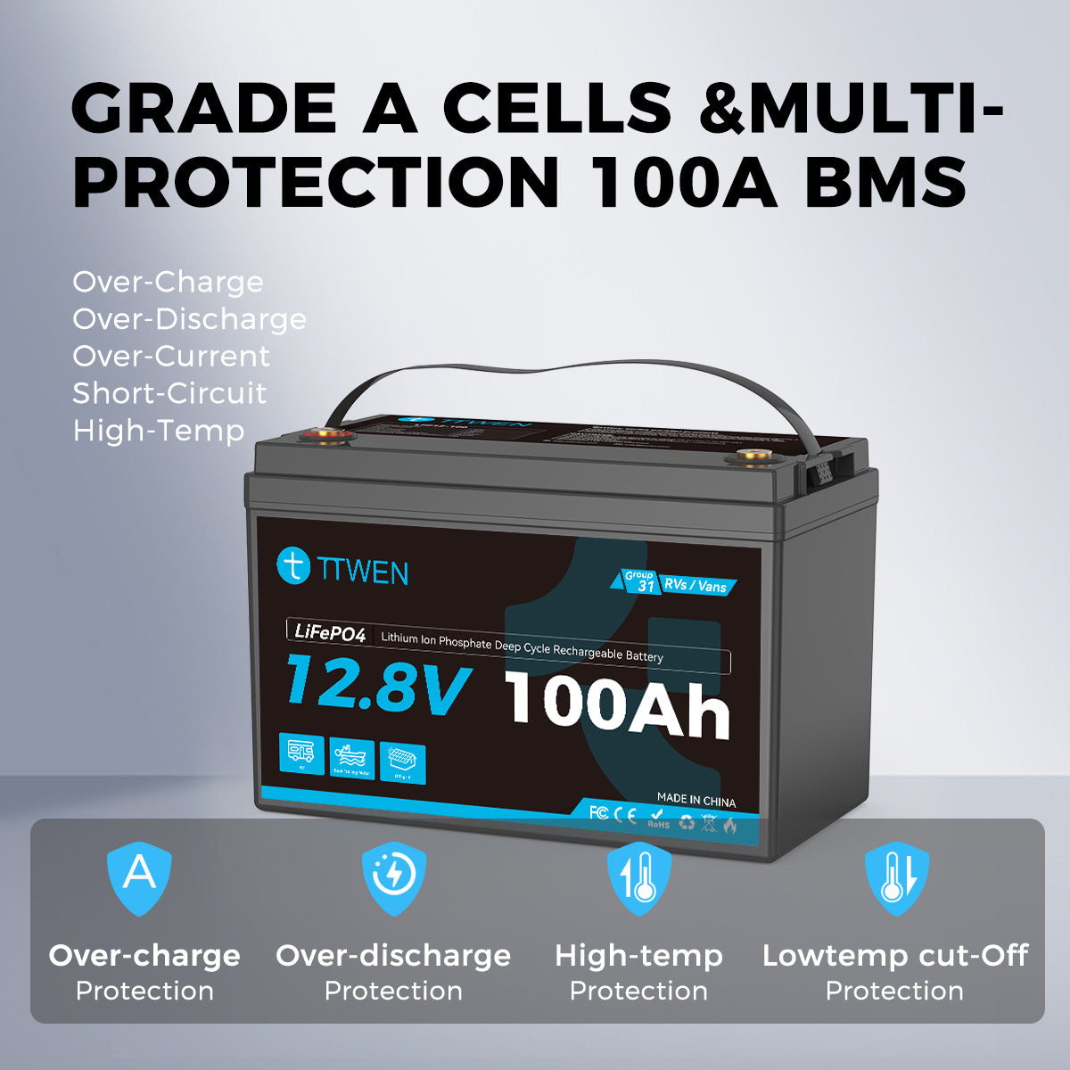 TTWEN 12V 100Ah RV Battery LiFePO4 Deep Cycle Lithium Battery