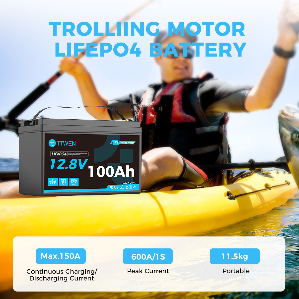 TTWEN 12V 100Ah Marine Trolling Motor Battery